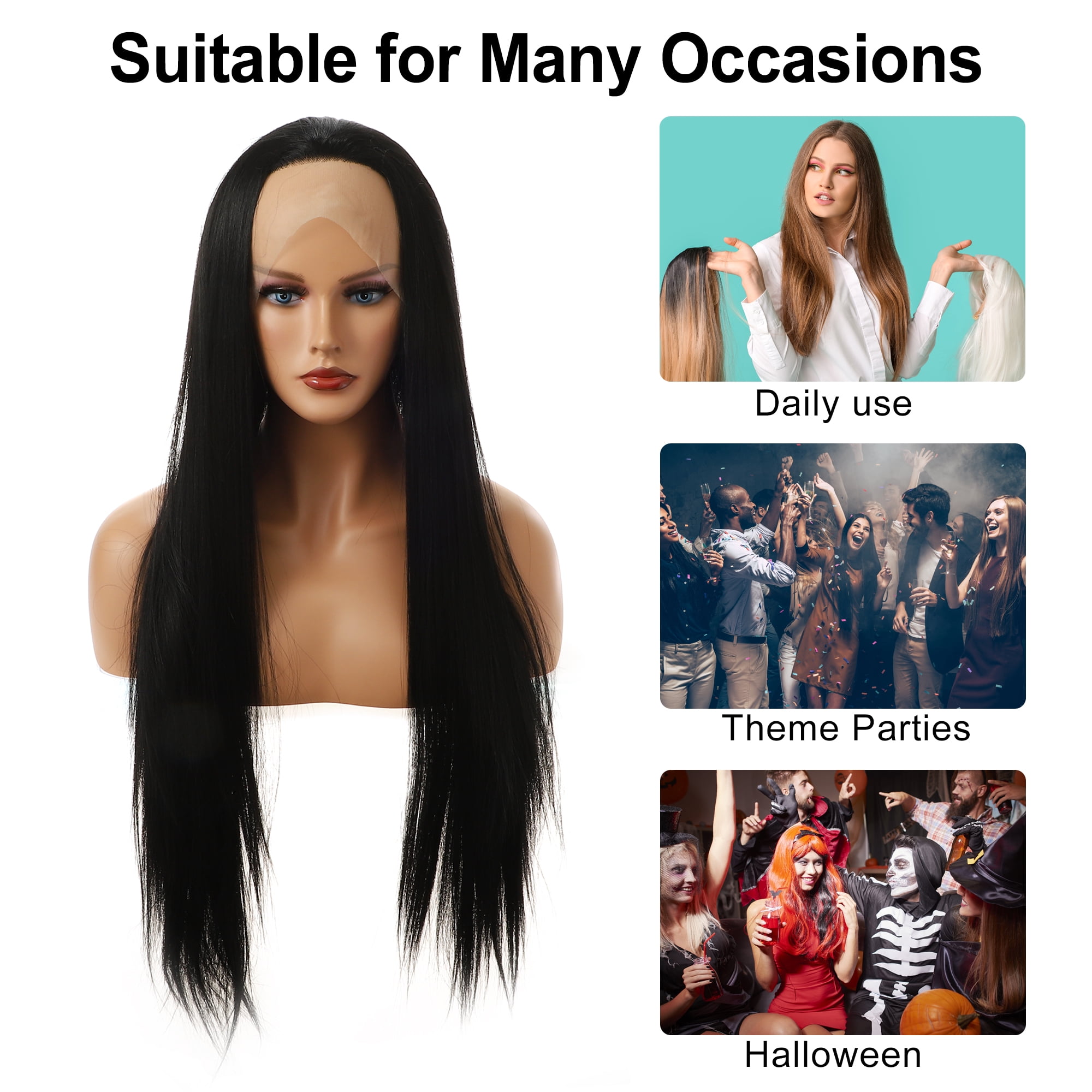 Unique Bargains Lace Front Lightweight Wigs Long Straight Hair for Women Lady Black