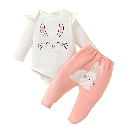 

GWAABD Baby Girls Summer Clothes White Cotton Blend Toddler Girls Long Sleeve New Cute Casual Animal Rabbit Romper Pants 2pcs Outfits Outwear 12M