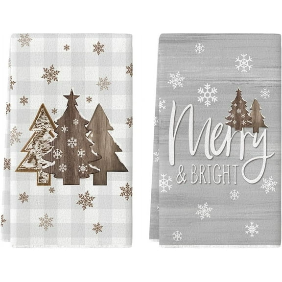 SOME THING Wood Xmas Tree Christmas Kitchen Towels Dish Towels, 18x26 Inch Holiday Merry and Bright Winter Decoration Hand Towels Set of 2
