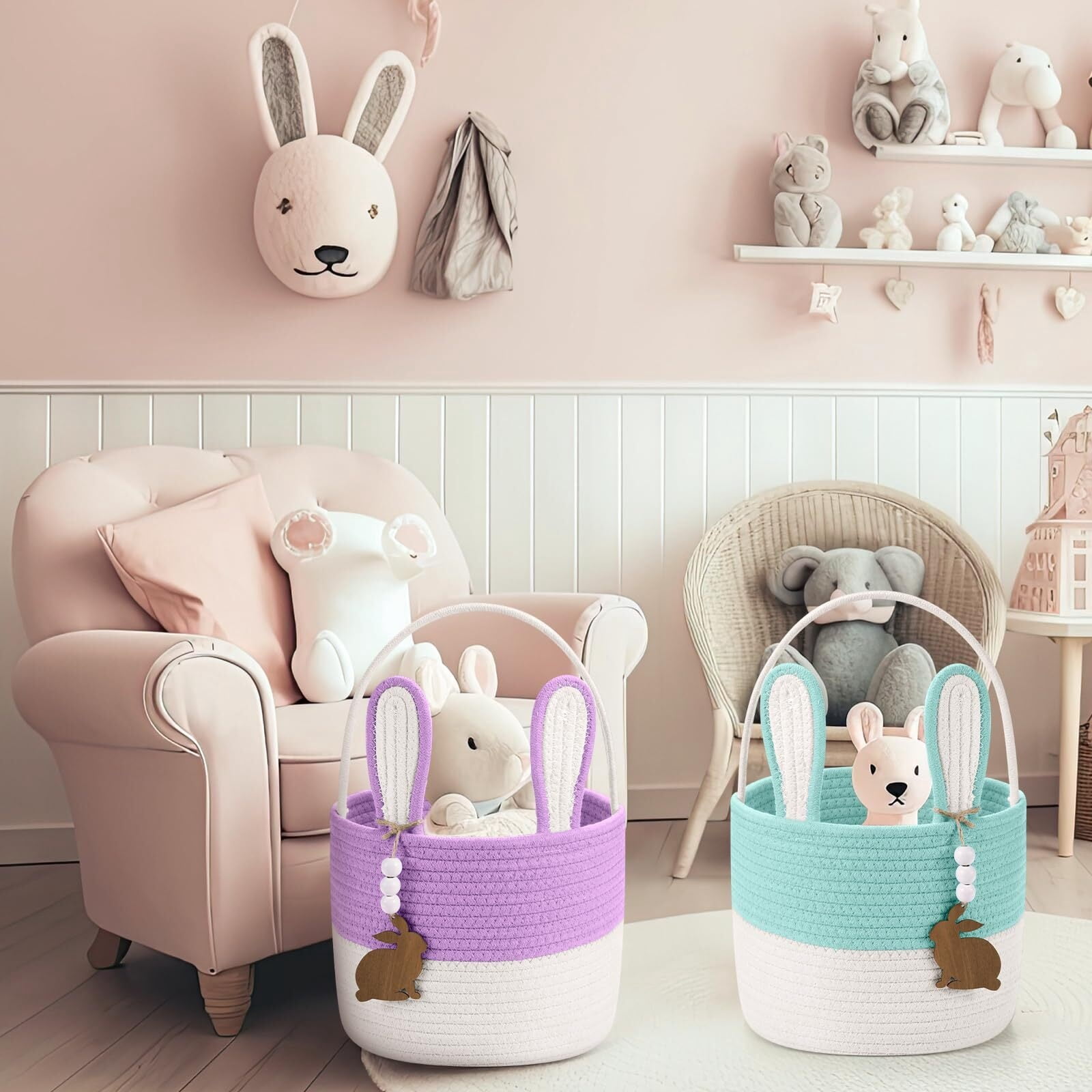 Easter Bunny Basket for Kids, Set of 2 Rabbit Ear Easter Basket with Rabbit Wood Bead Tags, Egg Hunt Bucket for Girls Boys(Yellow White)