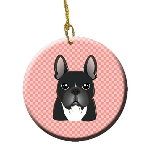 Checkerboard Pink French Bulldog Ceramic Ornament, 2.81 Dia.