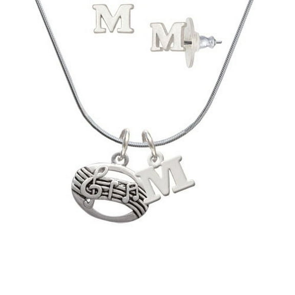 Oval with Music Notes - M Initial Charm Necklace and Stud Earrings Jewelry Set