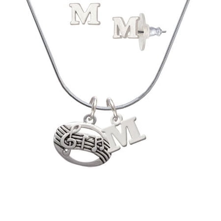 Oval with Music Notes – M Initial Charm Necklace and Stud Earrings Jewelry Set