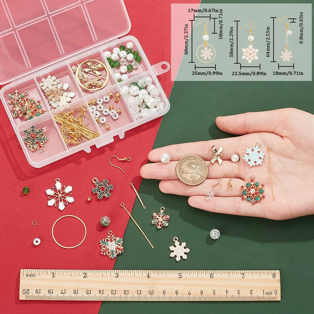 DIY Christmas Snowflake Earring Making Kit Including Glass Pearl & Bicone Beads Iron Bar Links Connectors Alloy Links & Pendant Brass Earring Hooks Mixed Color 162Pcs/box