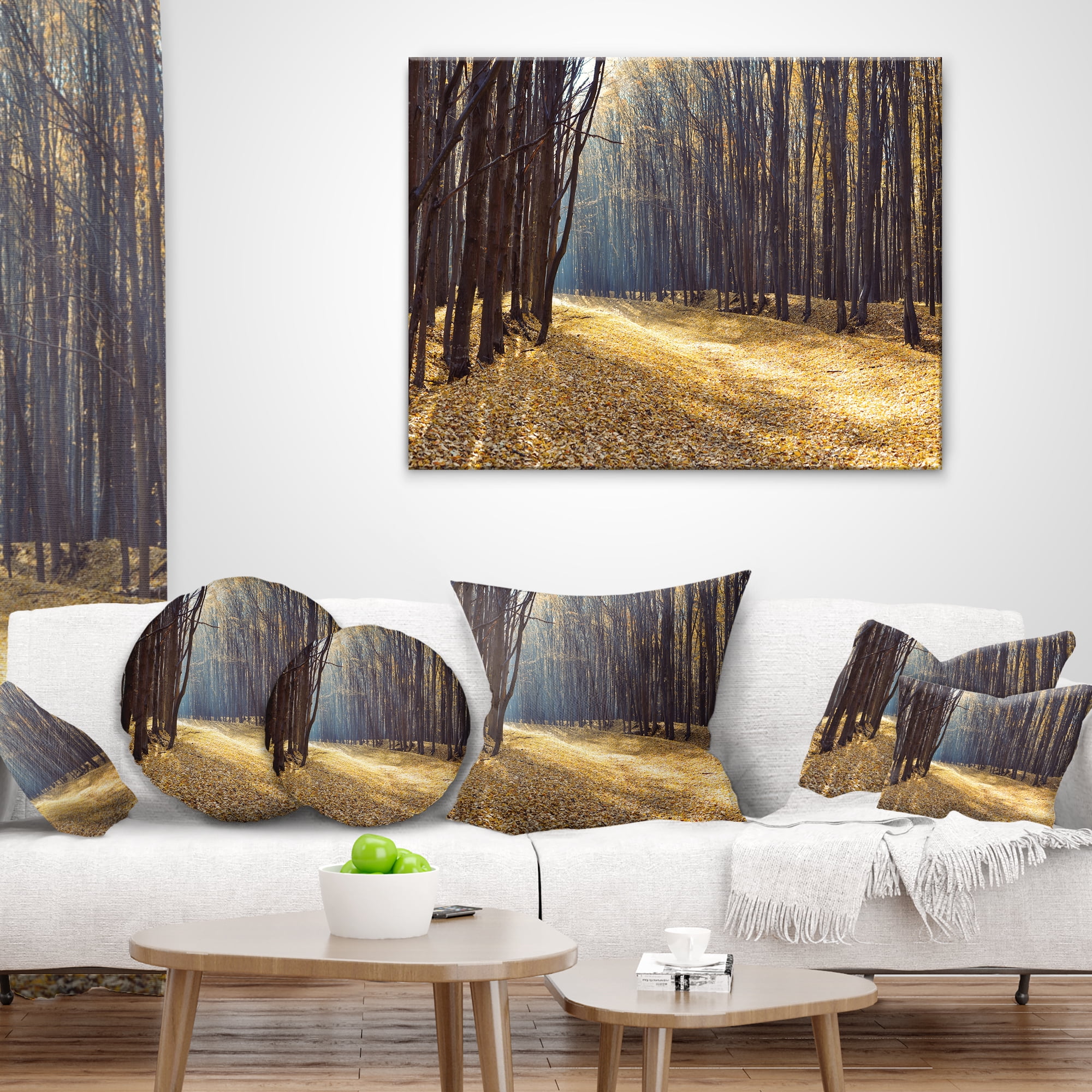 Designart Path in the Fall Forest Panorama - Forest Throw Pillow - 16x16