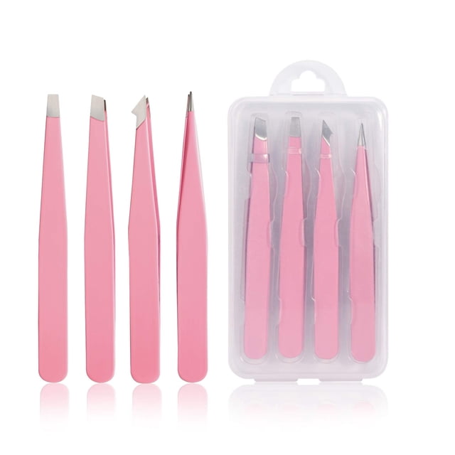 Juego de Pinzas de 4 Piezas, Pinzas Profesionales de Acero Inoxidable, Eliminador de Pelos Encarnados, Astillas, Puntos Negros y Garrapatas (ROSA)
