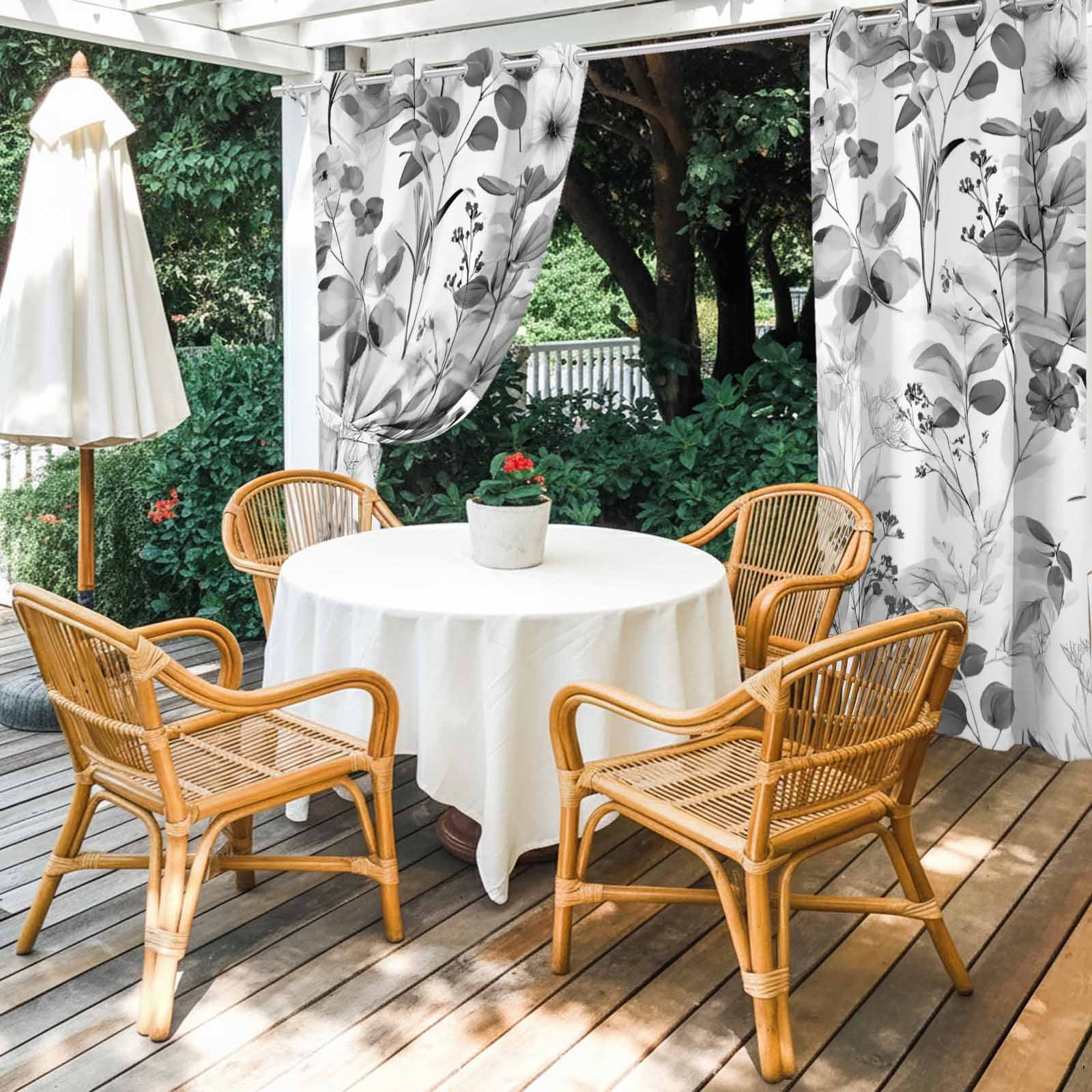 Outdoor Curtains for Patio Waterproof, Spring Flowers Windproof Pravicy Outside Porch Blackout Curtain, Vintage Country Eucalyptus Leaves Plants Sun Blocking Grommets Curtains 2 Panels 54"x95"