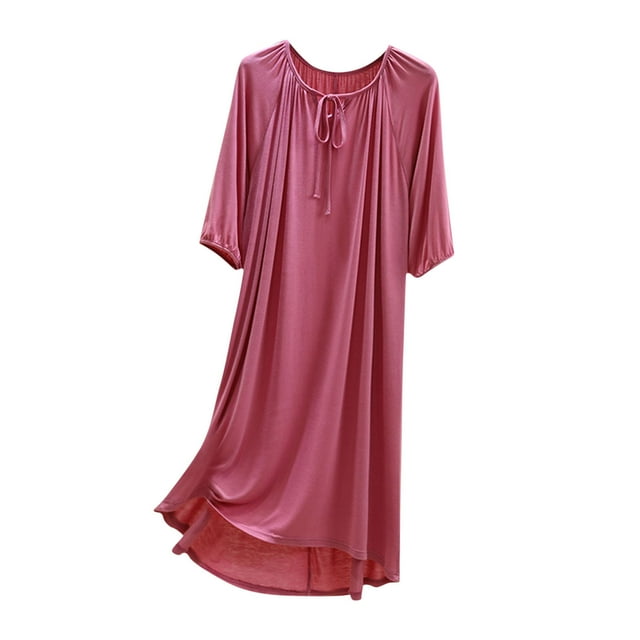 Kaemgyyd Chemise de Nuit Plissée pour Femmes à Nouer devant Col Rond Coupe Ample Manches Mi-Longues Robe de Nuit Décontractée Couleur Unie Douce