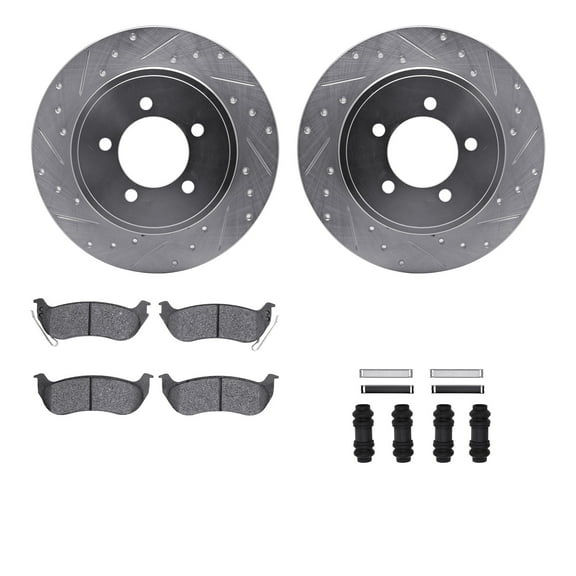 Dynamic Friction Company Rear Brake Rotors-Drilled and Slotted-Silver with 5000 Advanced Brake Pads includes Hardware 7512-54151