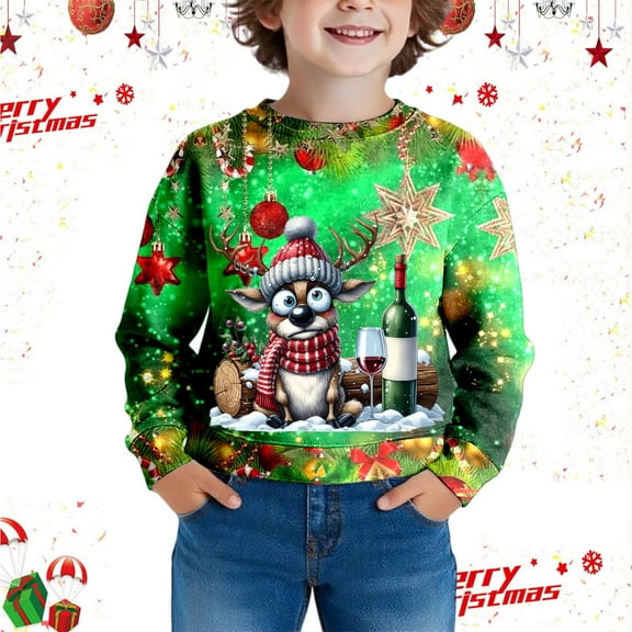 MAIHAN-Kids Christmas Crewneck Sweatshirt, Boys Girls Winter Warm Top with Christmas Print, Cozy Pullover for Ages 3-14 Years, Autumn Winter Warm Top Casual Everyday Wear(Green,3-4Years)
