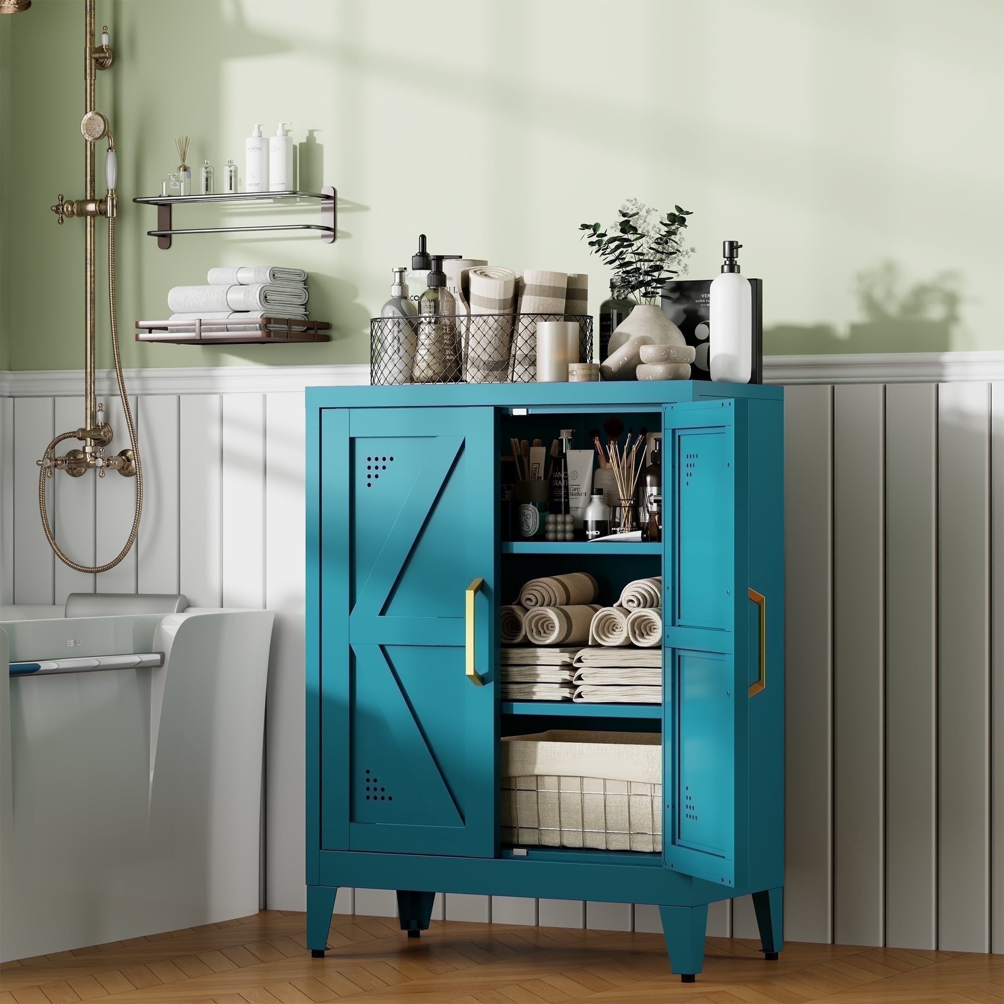 JHYKFG 32"Metal Bathroom Storage Cabinet,Freestanding Sideboard with 2 Adjustable Shelves for Small Spaces, Living Room, Hallway, Dining Room,Blue