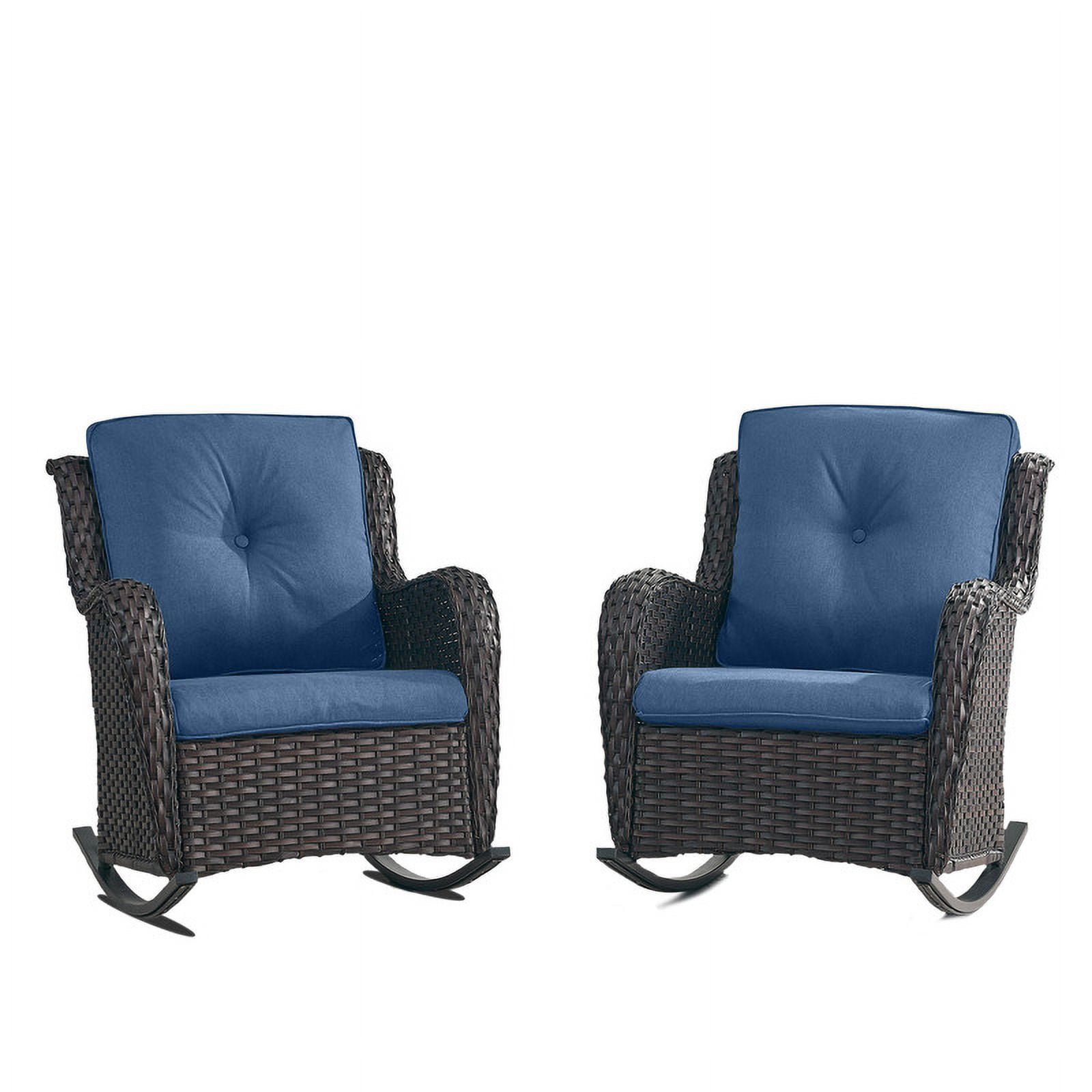 PARKWELL Outdoor Wicker Rocking Chair - Rattan Patio Rocker Chairs with Cushions and Steel Frame - Set of 2 - Blue