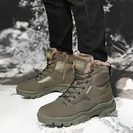 

Men‘s High Top Leather Wear-resistant Waterproof Non-slip Platform Lace Up Snow Boots Warm Fleece Shoes For Winter
