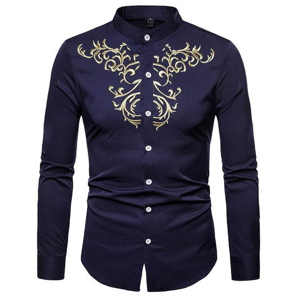 Camisas de Vestir de Cuello de Banda de Manga Larga Con Bordado Floral Casual Para Hombres Odeerbi ODB-6