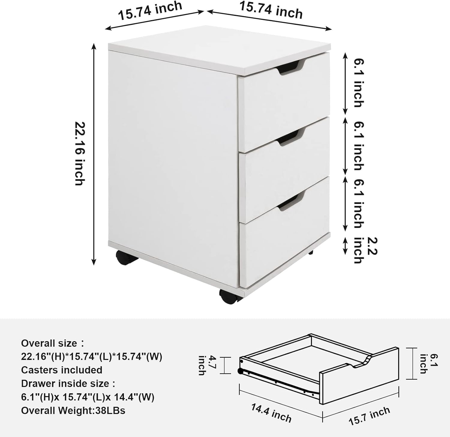 3-Drawer Vertical Filing Cabinet Rolling Wood Mobile File Cabinets Under Desk for Home Office with Casters (White, Non-Assembled)