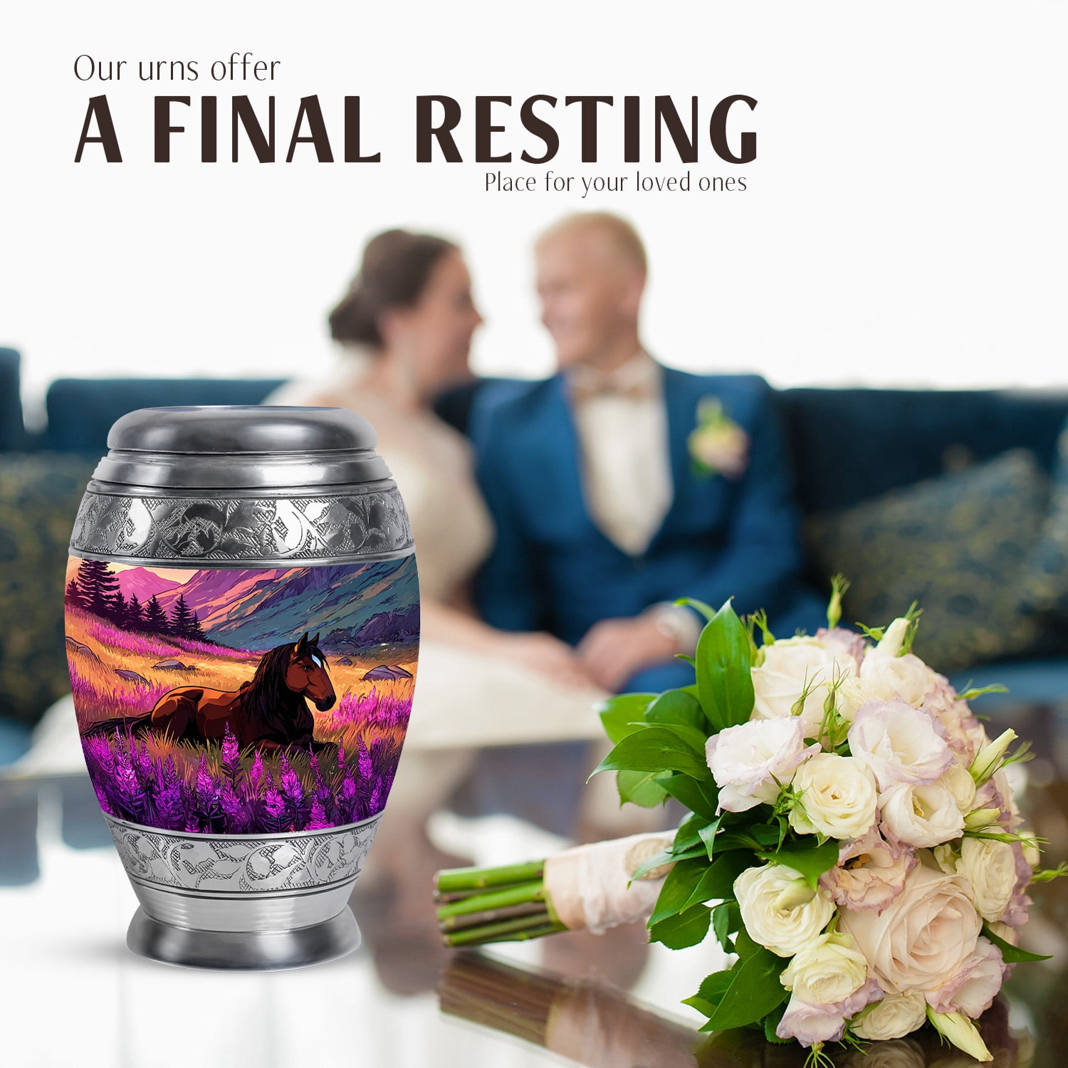 JAGASY Horse Small Urn for Ashes Adult Male, Dark Blue Keepsake Urns for Human Ashes, Purple Flowers Decorative Urns for Mother, Mountain Mini Cremation Urn for Father, (3 Inch)