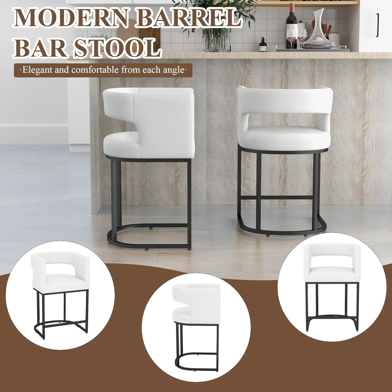 Westice Counter Height Stools Set of 2 for Kitchen Island, 25" Barral Bar Stools with Backrest, Black Metal Frame, Upholstered Linen Fabric Seat for Pub, Club, Dining Room, Beige