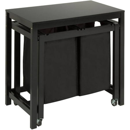 Black Laundry Pedestal - Honey Can Do Wood Laundry Sorter and Folding Table with 2 Bags, Black