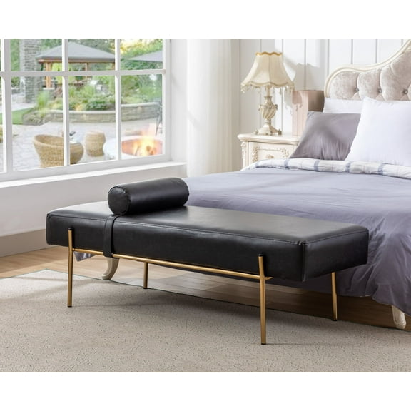 Guyou 55" End of Bed Bench, Modern Faux Leather Upholstered Ottoman Bench Seat with Gold Legs and Pillow, Long Bench for Bedroom Living Room Foyer Indoor Entryway (Black)