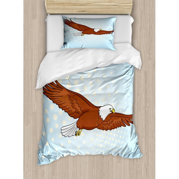 Eagle Duvet Cover Set, Pop Art Half Toned Background Falcon Retro Comic Style Illustration, Decorative 2 Piece Bedding Set with 1 Pillow Shams, Twin Size, Pale Blue Cinnamon, by Ambesonne