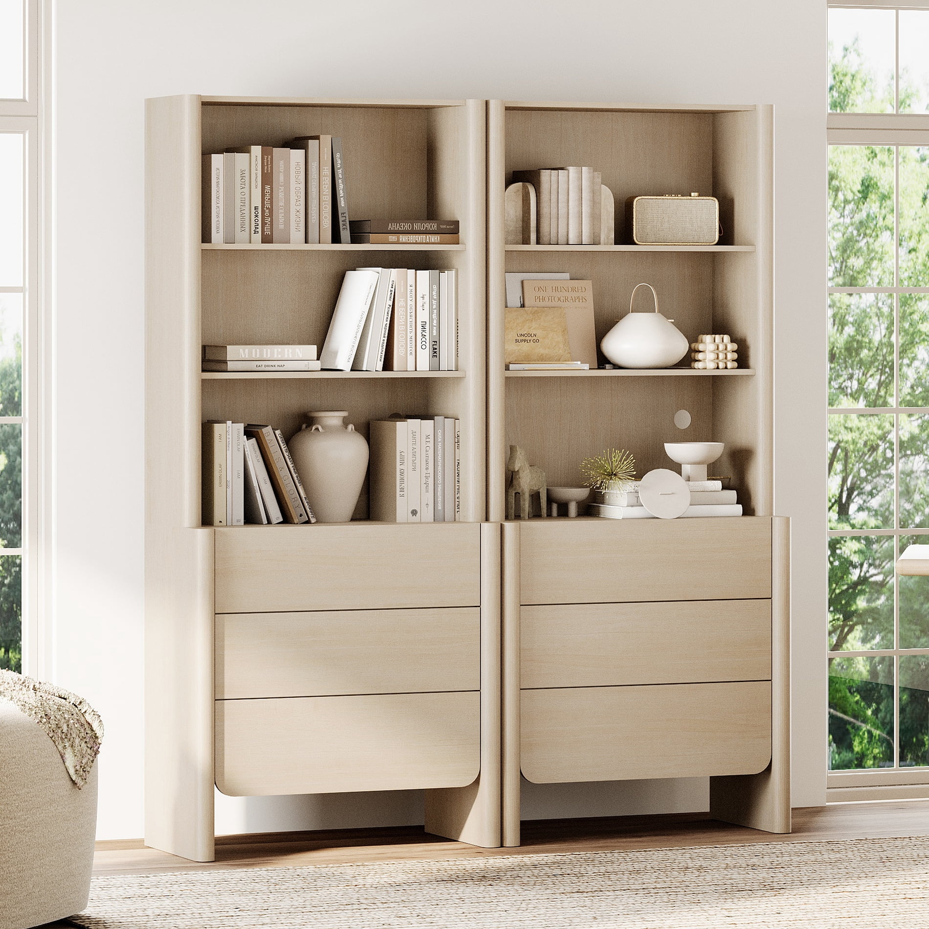 63-Inch Modern French Bookcase with Curved Edges, 6 Drawers and Open Shelving, 72.8" Tall, Beige