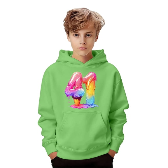 Tisuna 41 Hoodie For Girls Boys Child Ice Cream Print Long Sleeve Hooded Tops Stylish Comfortable Little Unisex Kids Autumn Winter Sweatshirt Light Green Size 9-10 Years