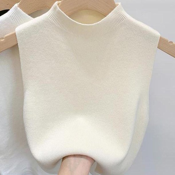 Ruifaya Camisola de punto para mujer, camiseta básica adelgazante, cuello medio alto, sin mangas