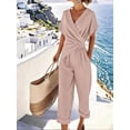 thumbnail image 4 of Women'S Outfits V Neck Cap Sleeve Crop Top Wide Leg Pant Sets Pink S, 4 of 7