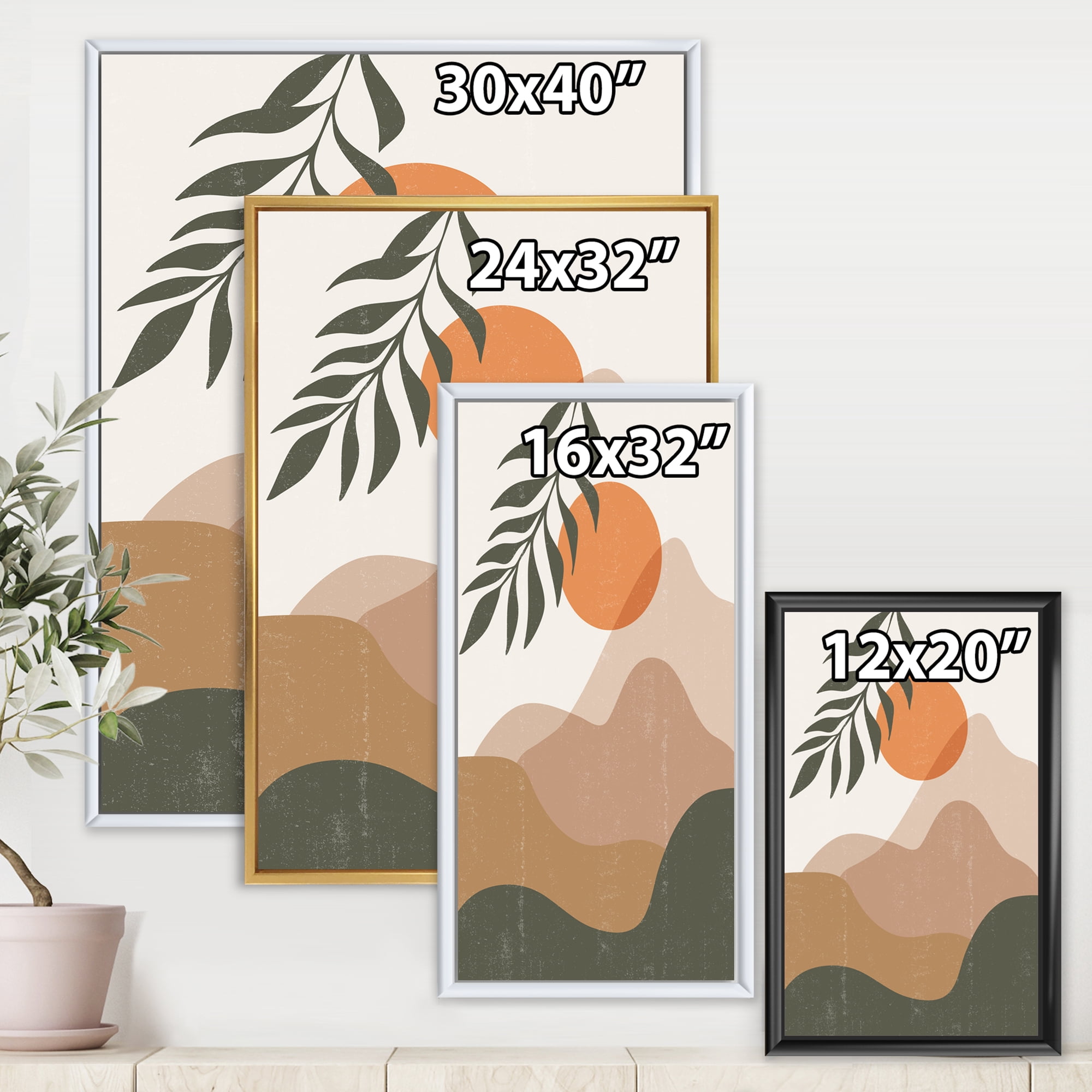 Designart 'Abstract Earth Toned Mountains With Red Moon I' Modern Framed Canvas Wall Art Print