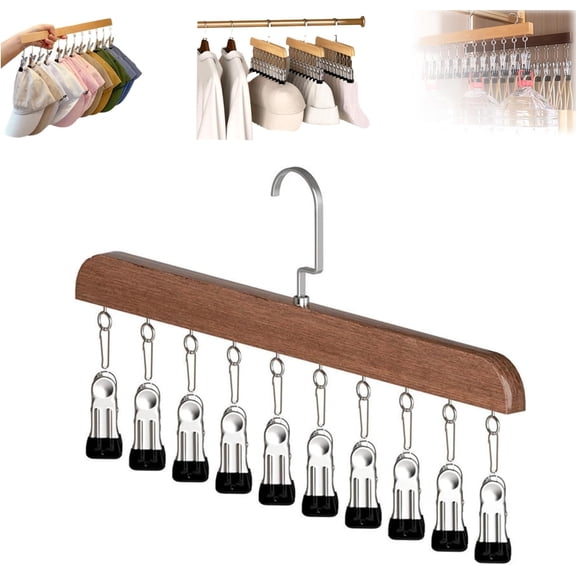 Wooden Closet Organizer with 10 Clips, Space Saving Hanging Organizer for Jeans Skirts Socks and Scarves