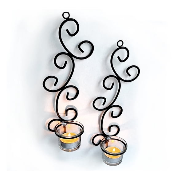 Lily’s Home Deco Swirl Wall Sconce Tea Light Candle Holders, Steel, Black, Set of 2, With 2 Clear Glass Tealight Candle Holders
