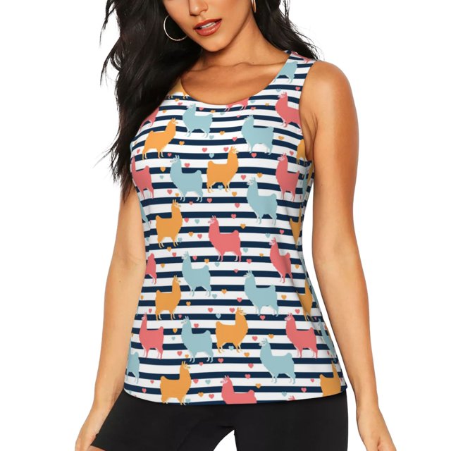 Fotbe Colorful Llama Blusas Sin Mangas para Mujer – Estilo Casual, Corte Suelto, Slim-Fit, Cuello Redondo Deportivo, Tops de Verano para Gimnasio y Yoga-XX-Large