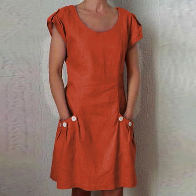 Mefallenssiah Robe Longue Décontractée à Manches Courtes avec Pochettes et Boutons pour Femmes