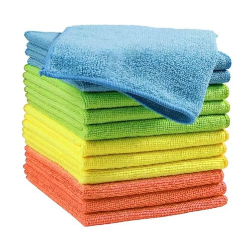 Microfiber Cleaning Cloths (12-Pack),14" x 14",Ultra Absorbent,Lint-Free,Streak-Free,Reusable,Ideal for Car,Kitchen,Window,and Household Cleaning (Orange/Yellow/Green/Blue)