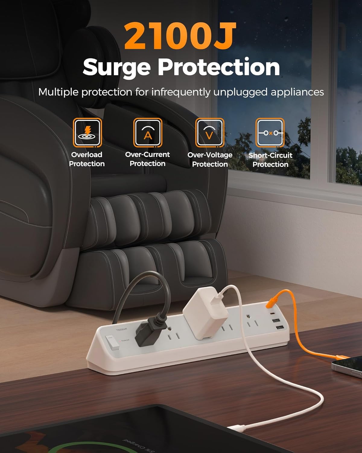 YUNZII Desk Clamp Power Strip 6FT, 2100J Surge Protector, 5 Outlets 4 USB Ports (2 USB C), Grey