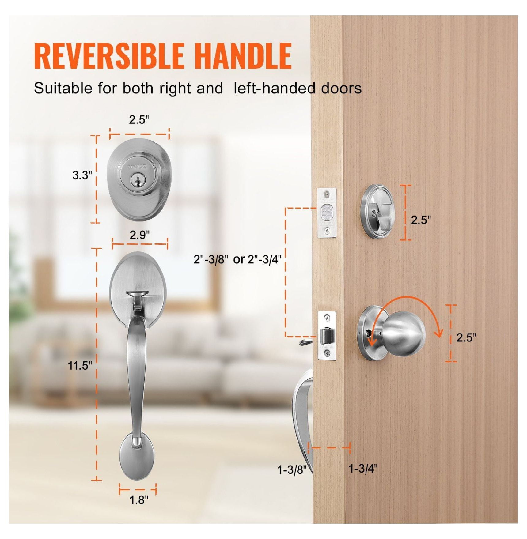 Front Door Handle and Deadbolt Set, Satin Nickel Door Lockset with Knob, Adjustable Hole Spacing Handleset, Single Cylinder, for Entry & Front Doors