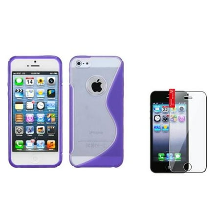 Insten Film+For iPhone 5 5S TPU Gummy S-Line Flexi Skin Case Cover Purple Clear S-Shape