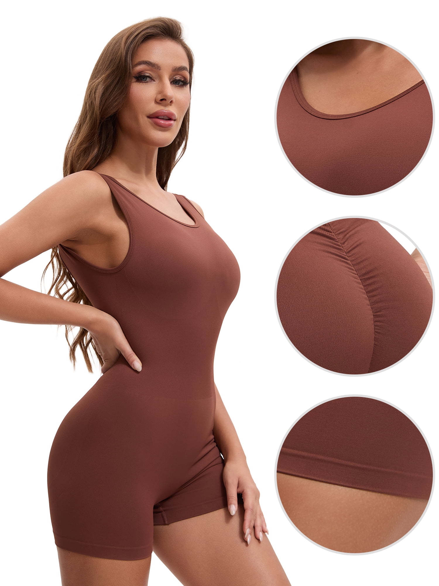 DARING DIVA Women's Jumpsuits Backless Tummy Control V Back Romper M Coffee