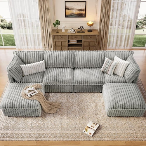 Modular Sectional Couch, 6-Seat Oversized Sofa with 2 Ottomans, U-Shaped Corduroy, Convertible to Sleeper, Grey for Living Room