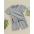 thumbnail image 3 of FEORJGP Infant Baby Boy Summer Set Newborn Short Sleeve T-shirt Side Slit Pullover Crew Neck Shirt Solid Color Tops + Elastic Waist Drawstring Shorts Folded Hem Shorts Toddler Loose Casual Outfits, 3 of 9