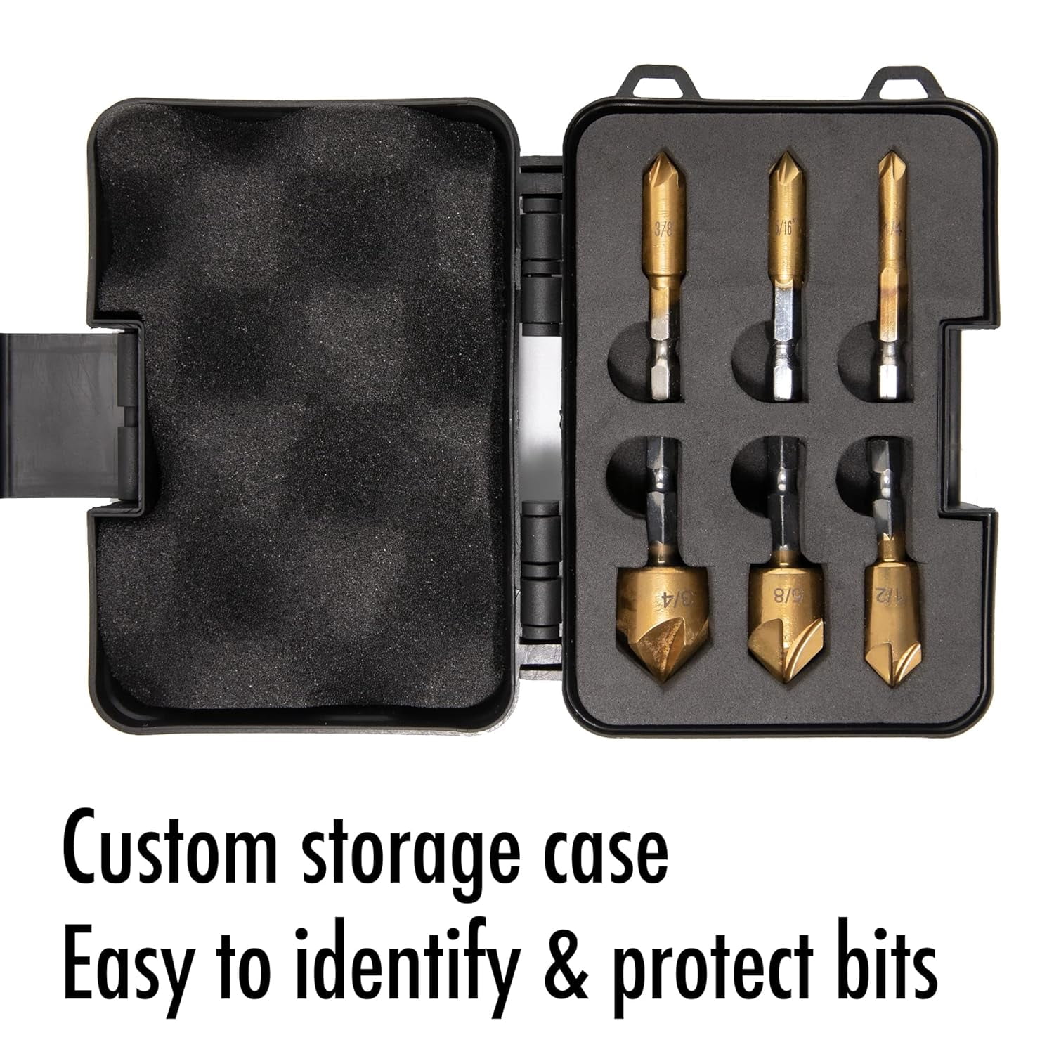 FRKSMD-6 Pcs Countersink Drill Bit Set with Case 1/4'' Hex Shank HCS 5 Flute Countersink 90 Degree Center Punch Tool Sets for Wood, Quick Change Bit 1/4” 5/16" 3/8” 1/2” 5/8” 3/4”