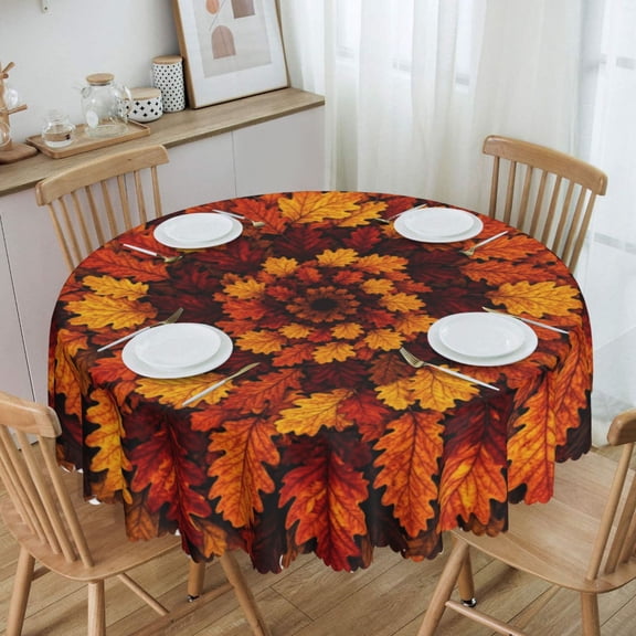 Autumn Oak Mandala Round Tablecloth Waterproof Oil-Proof Plastic Table Cloth Stain-Resistant Wipeable 60" for Camping, Dining, Indoor and Outdoor