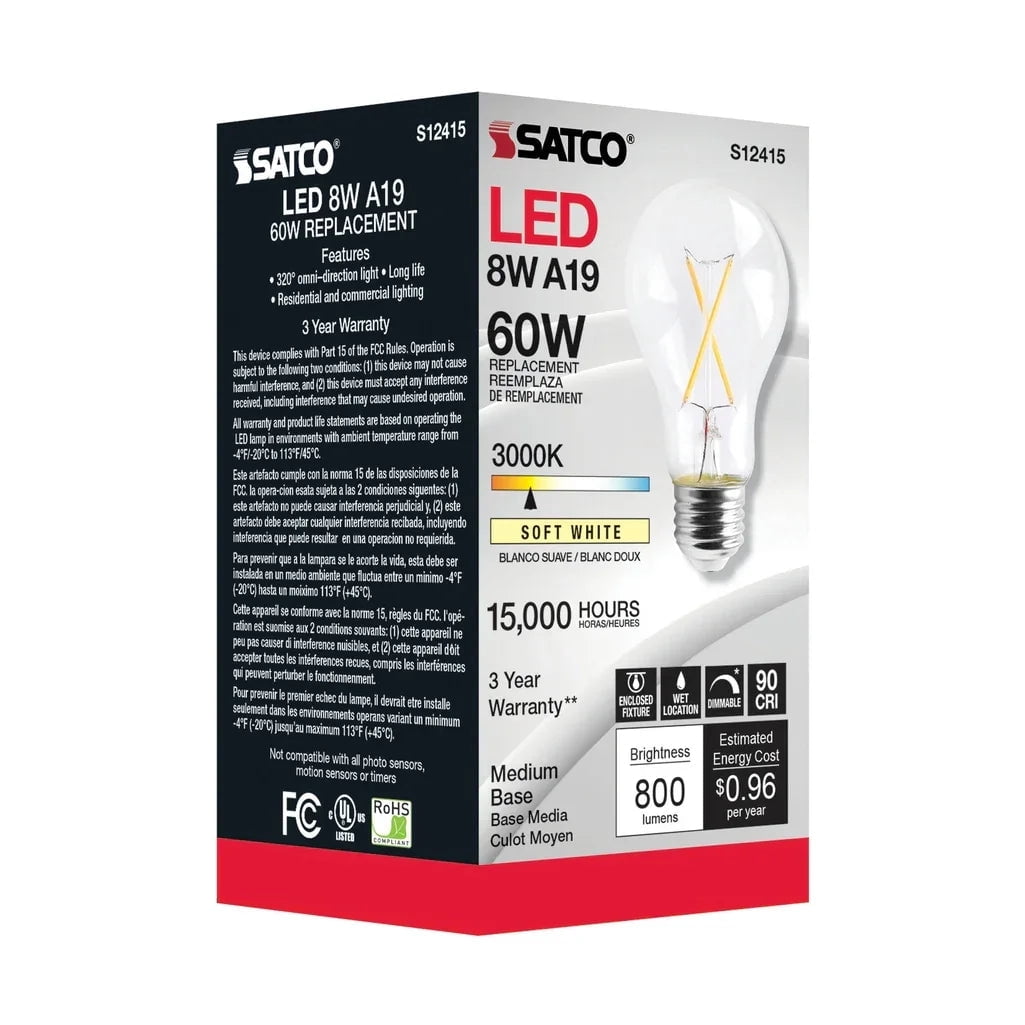 Satco (6 Pack) Dimmable Led Filament Lamps, S12415, High Lumens, 8 Watt, A19; Clear; Medium Base; 3000K; 90 Cri; 120 Volt for use at Residential, Hospitality, Display and Commercial