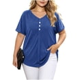 thumbnail image 3 of Women's Plus Size Solid Color V Neck Short Sleeve Collar Blouse Tunic Top Casual Daily Wear Soft Comfy Outfits | CSEONE,Blue XL, 3 of 9