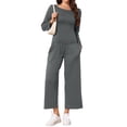 thumbnail image 2 of INSPIRE CHIC Women's 2 Piece Lounge Set Long Sleeve U-Neck Top & Wide Leg Pants Pajama Set for Sleeping & Casual Wear XS Deep Grey, 2 of 6