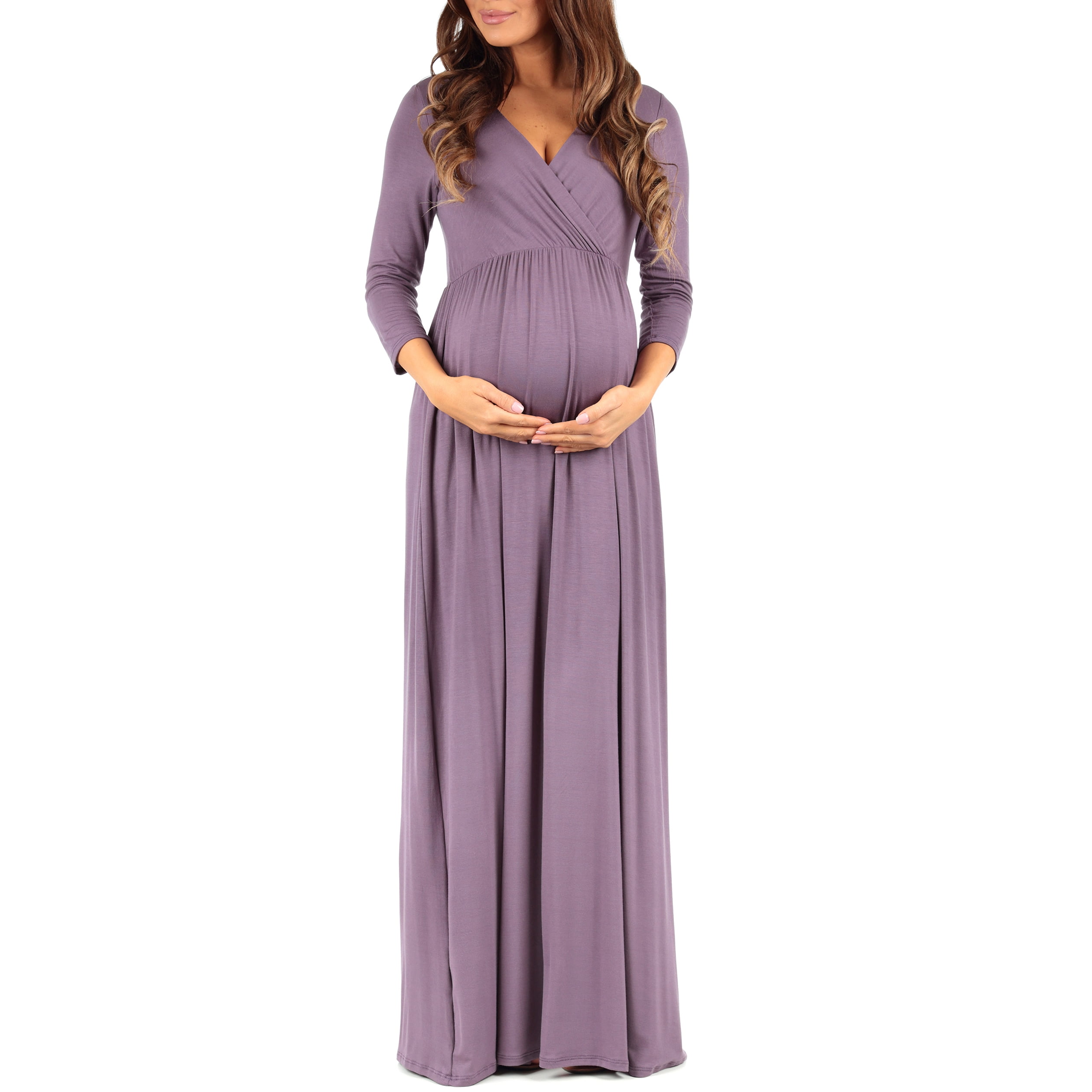 Mother Bee Maternity V-Neck 3/4 Sleeve Ruched Waist Dress 