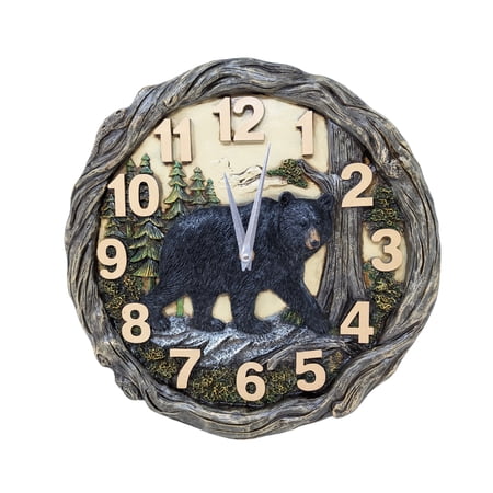Resin Black Bear Wall Clock, 3D Forest Wildlife Design, Battery Operated Silent Rustic Cabin Decor Gift