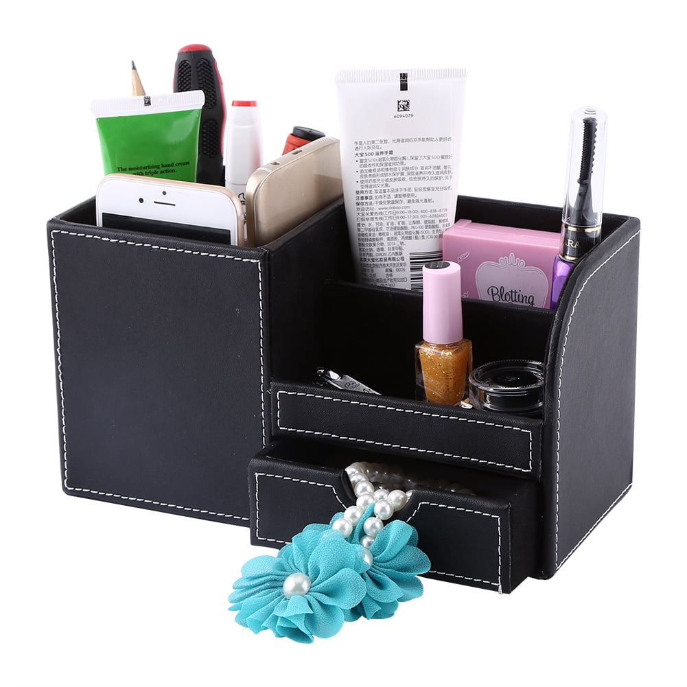 1pc Desk Organizer Box Multi-functional PU Leather Office Storage Pen Holder 
