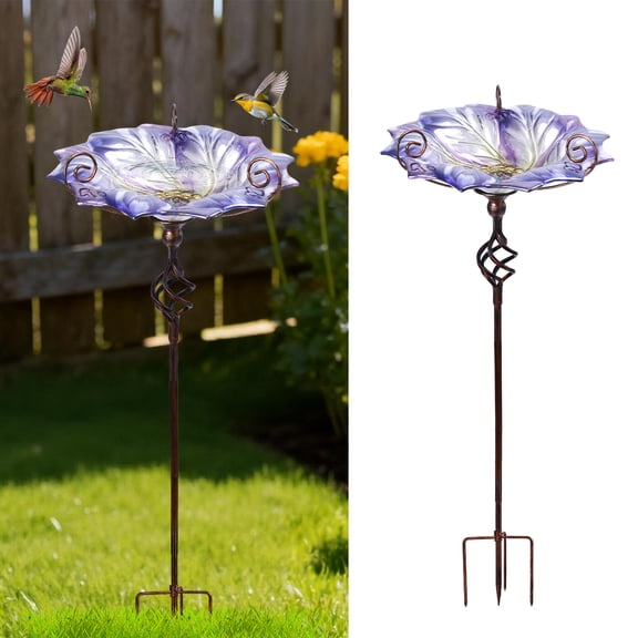 Glass Bird Bath Outdoor BirdBath Bird Feeder with Metal Stake Garden Decor, Purple