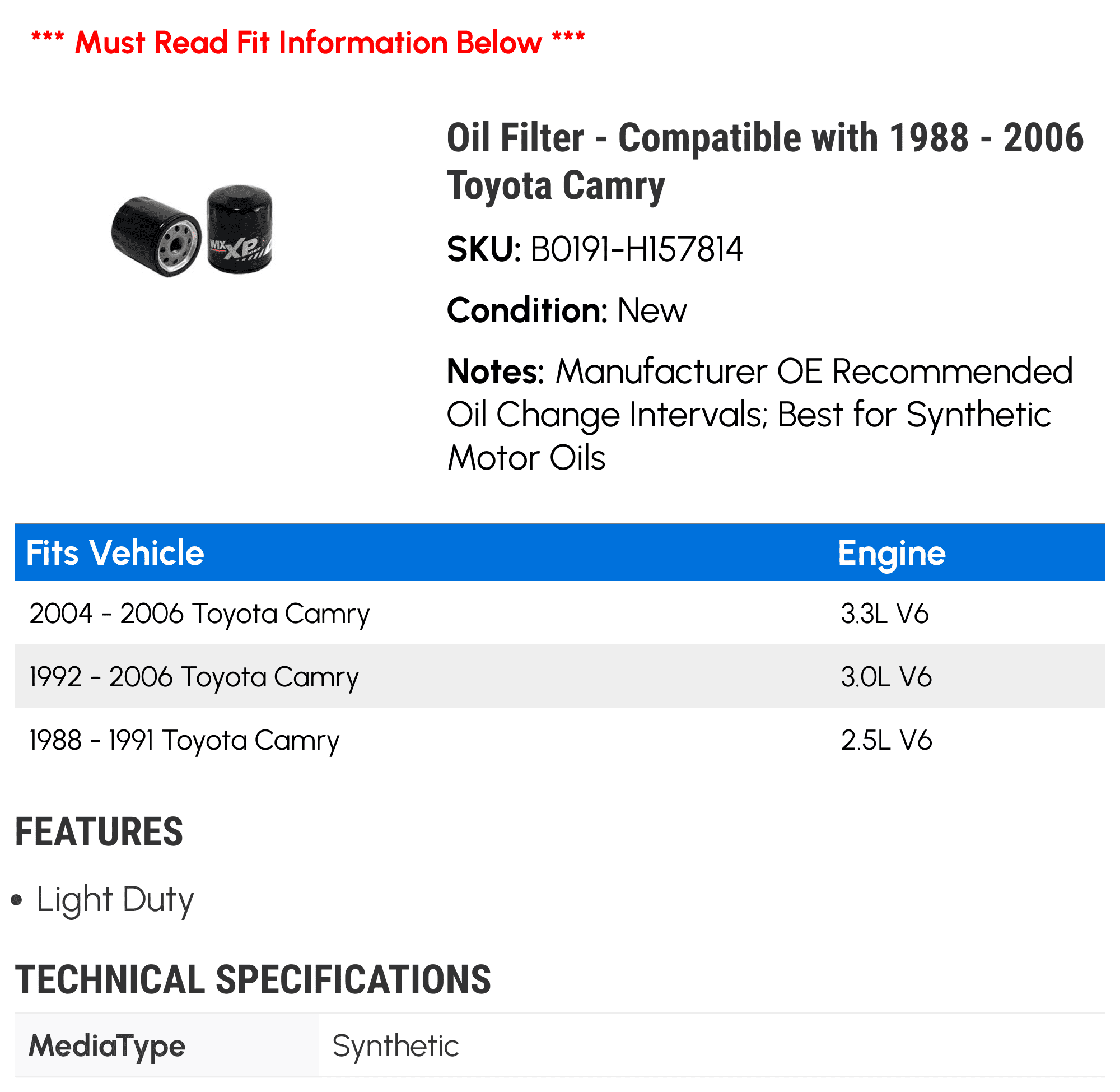 Oil Filter - Compatible with 1988 - 2006 Toyota Camry 1989 1990 1991 1992 1993 1994 1995 1996 1997 1998 1999 2000 2001 2002 2003 2004 2005